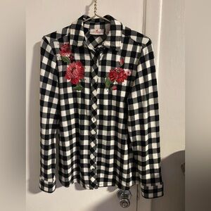 Quacker Factory Plaid Button Shirt Embroidered Roses Black White XXS
(213)